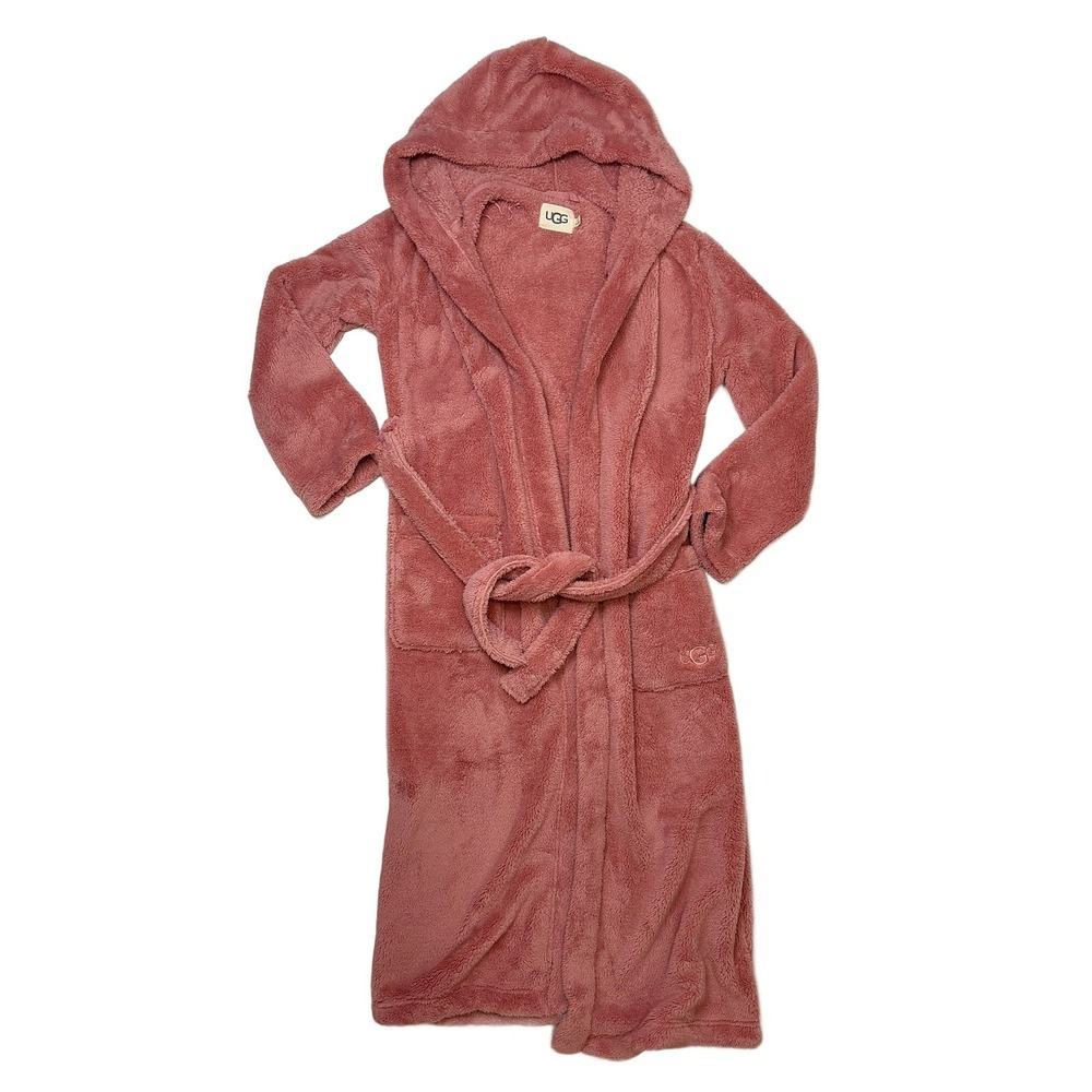 UGG Blanche II Hooded Robe Dusty Rose Pink Plush Fleece Belted Loungewear L